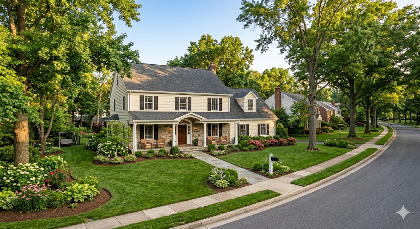 Single-family suburban home with spacious front yard, mature trees, and quiet residential street in Northern Virginia neighborhood