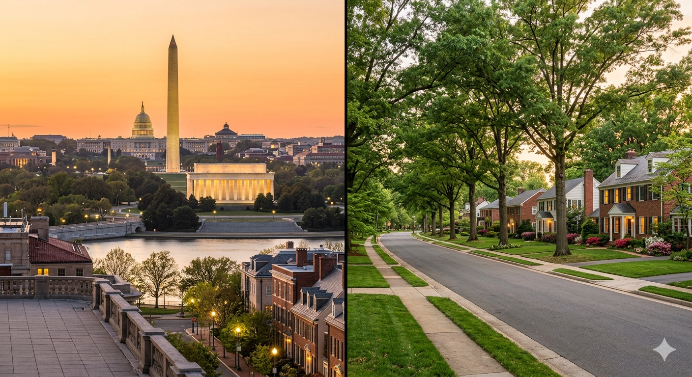 Urban Washington DC skyline with monuments visible, transitioning across image to tree-lined suburban street with single-family homes and yards