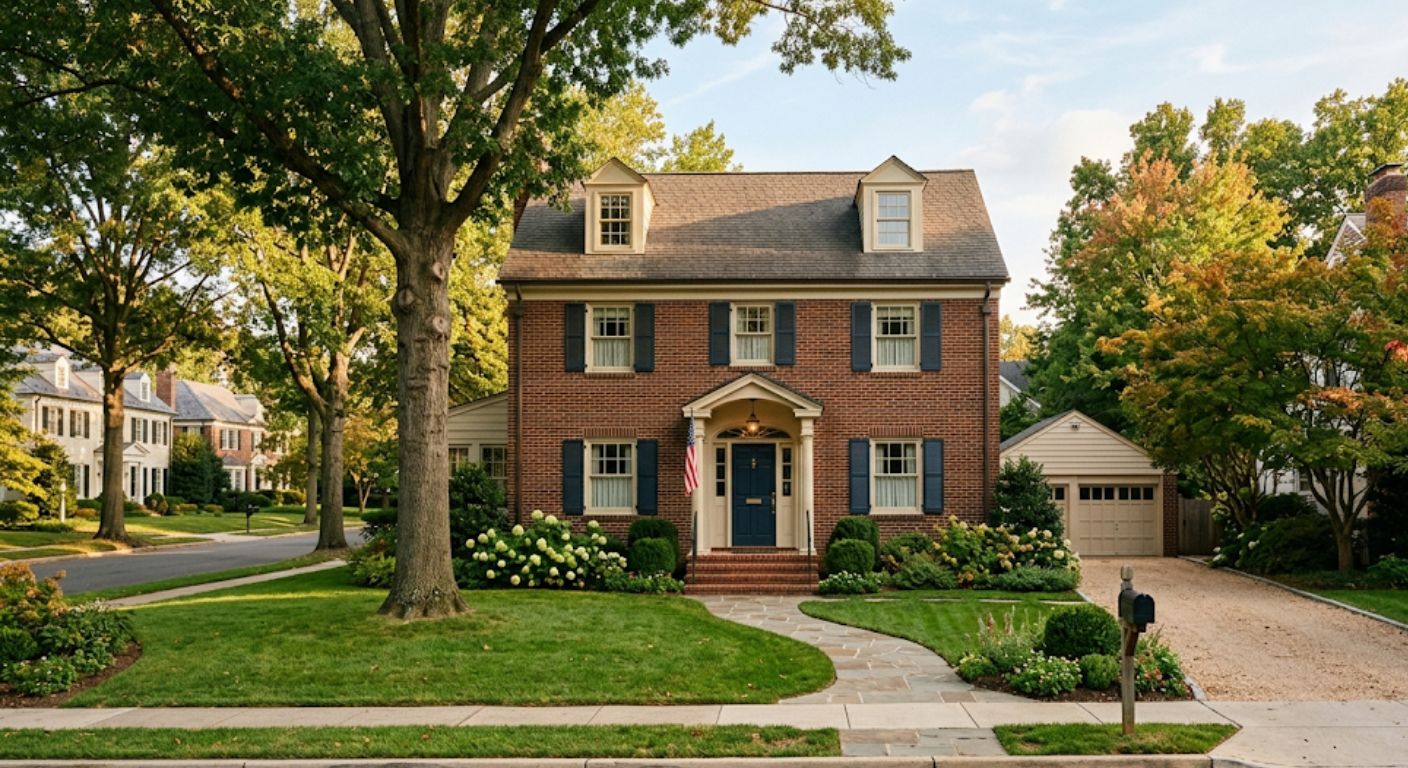 Attractive brick rowhouse with clean entry and tree-lined street in Washington DC for first-time buyers