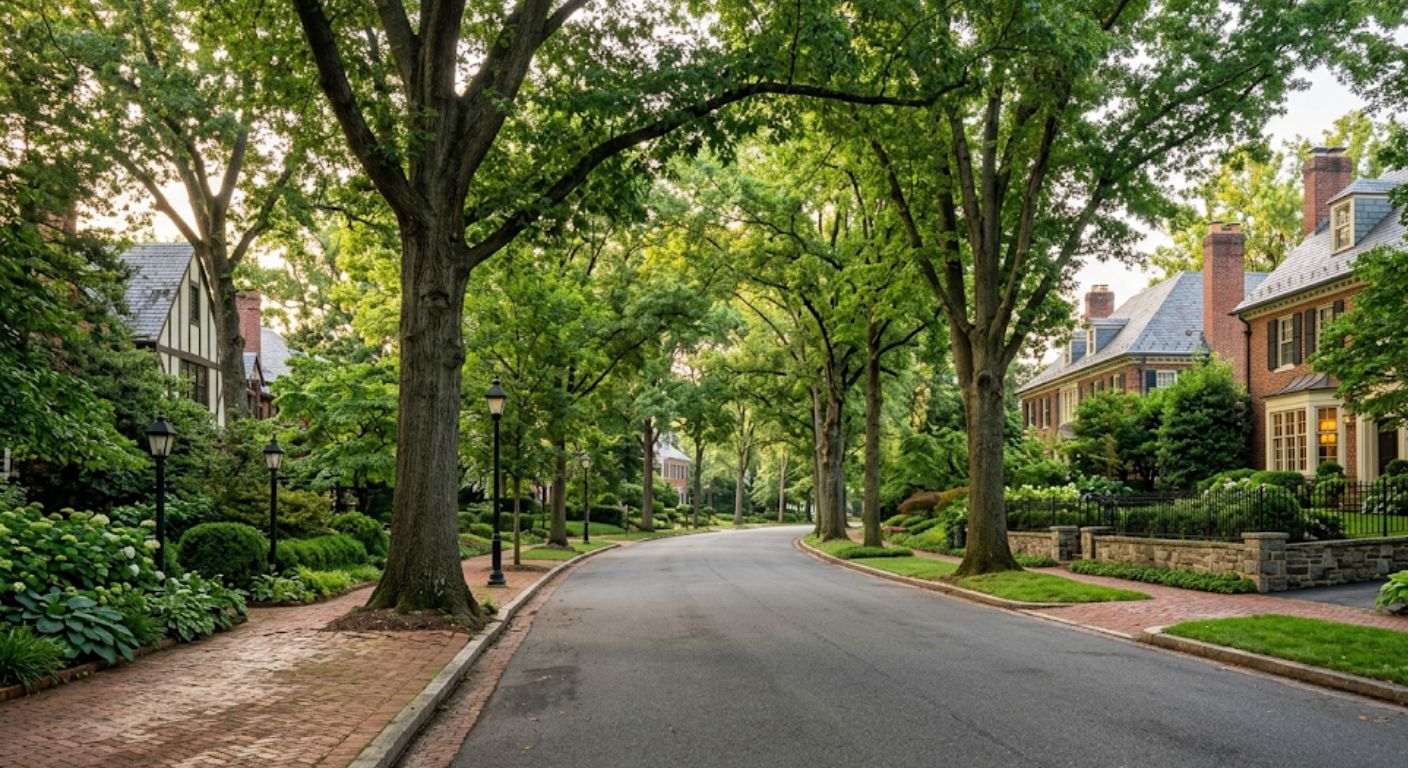 Wide tree-lined street in Foxhall Northwest Washington DC with mature oaks and brick sidewalks