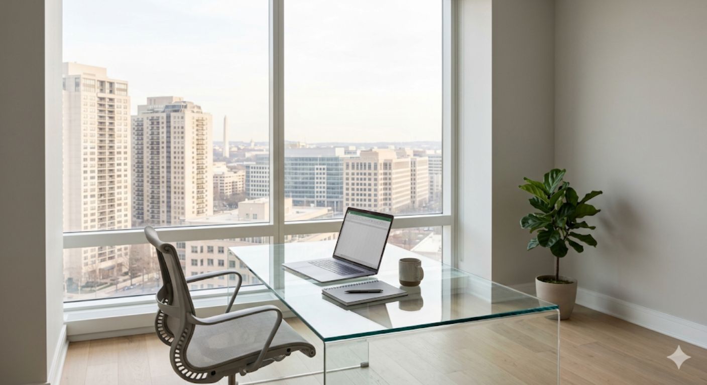 Glass desk with laptop and notepad near a window
