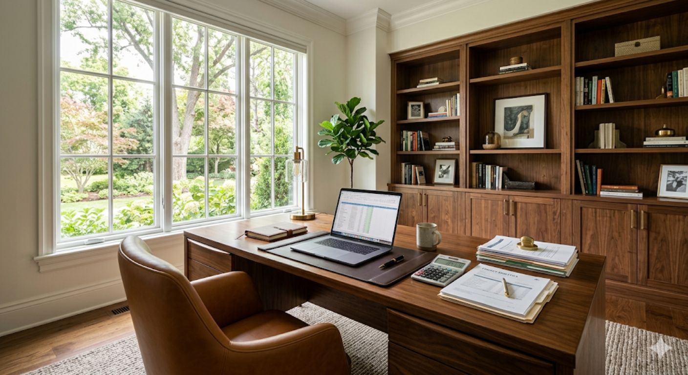 Desk with laptop and calculator in a home office

