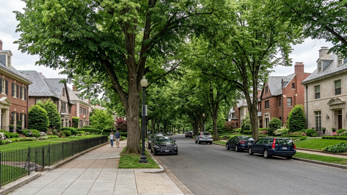 Tree-lined residential street in Bethesda, Maryland's 20816 zip code