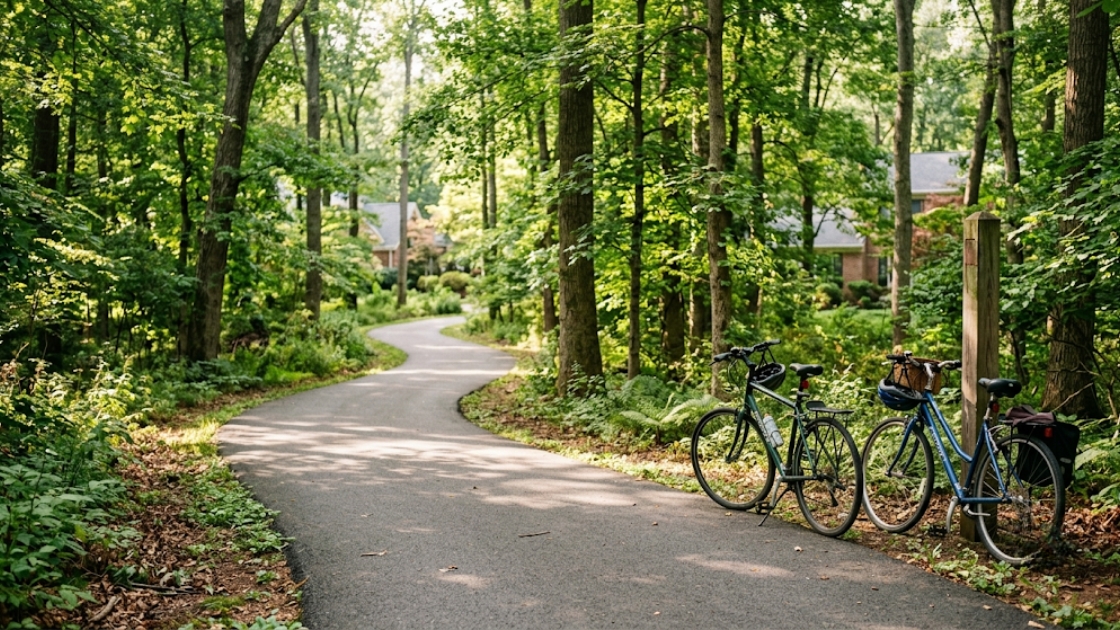Alt Text: Wooded multi-use trail near the Bethesda 20816 corridor