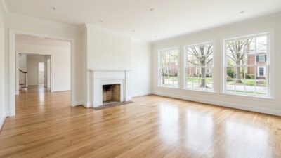 Empty sunlit living room in a Washington DC metro area home during a final walk-through