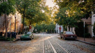 Tree-lined residential street in the Washington DC metro area with a row of homes at golden hour