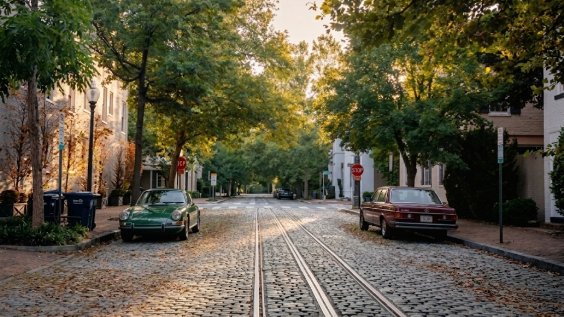 Tree-lined residential street in the Washington DC metro area with a row of homes at golden hour