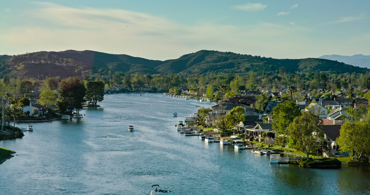 Drone Shot of Westlake Lake in Westlake Village, CA at Sunset